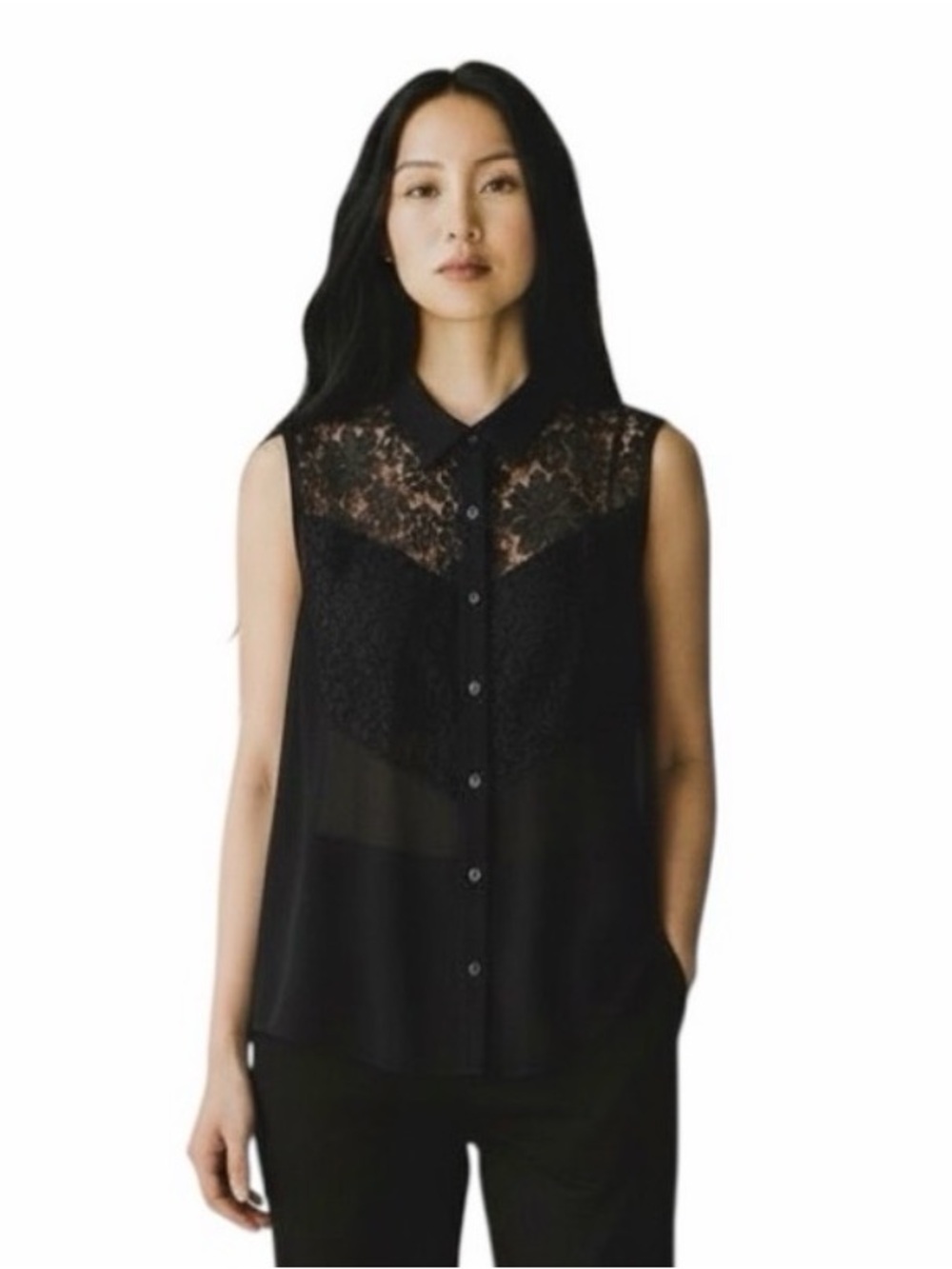 Candie’s Black Collar Button Down Blouse with Lace Accents size Large